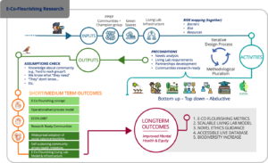 Complex diagram showing the path and integration of inputs, activities, short-term outcomes, and long-term outcomes in the E-co-flourishing research.