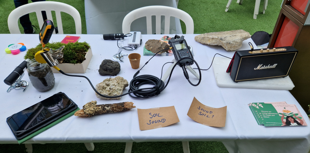 Image of the Flourishing and Wellbeing stand contents: several rocks, a box of moss and a dried mushroom, a piece of wood, a electronic microscope and a soil microphone.